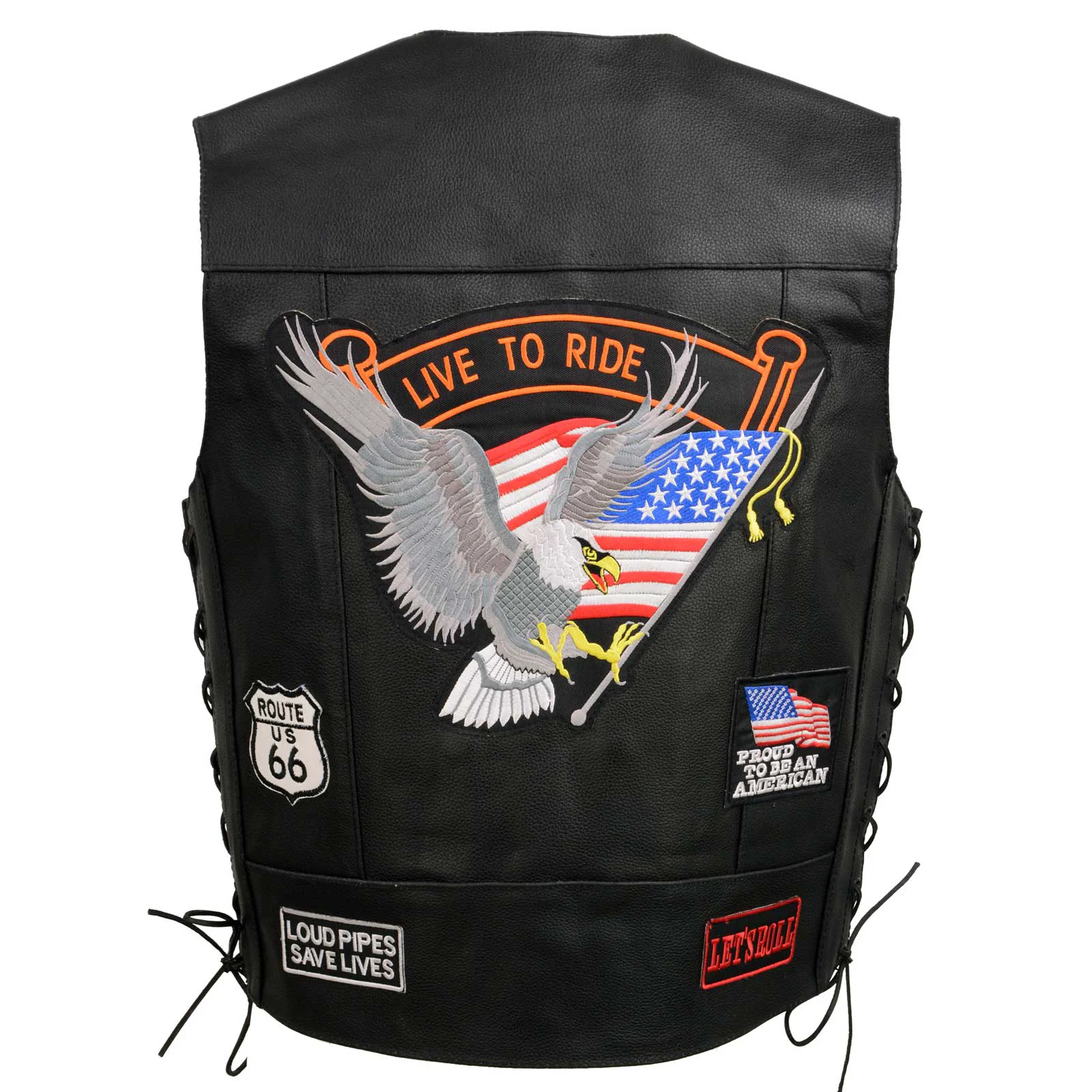 Casual Event Leather ELM3930 Men s Black Motorcycle Riders Leather Vest w 9 Patches and Adjustable Side Laces Original Design