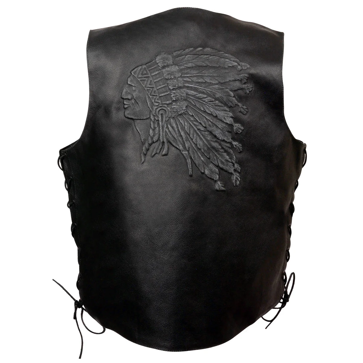 Fine Event Leather ELM3935 Men’s Motorcycle Riders Black Leather Vest with Embossed Native American Head Official