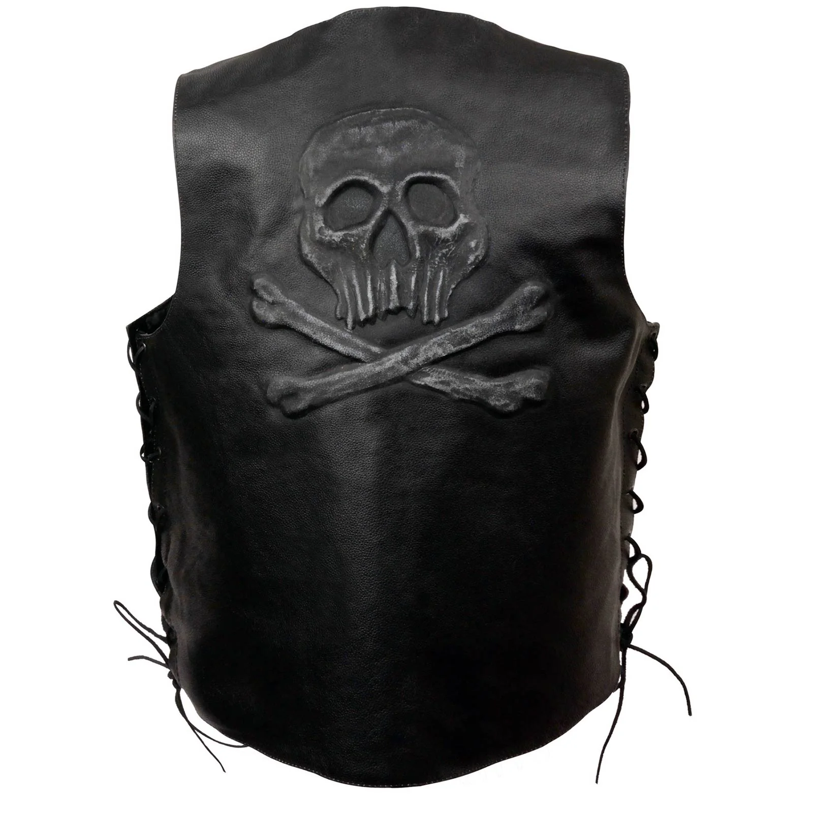 Responsible Event Leather ELM3915 Men’s Black Side Lace Motorcycle Leather Vest with Skull and Cross Bones Emboss Enhanced