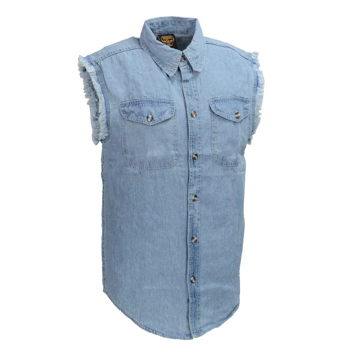 Fast Milwaukee Leather DM1001 Men’s Blue Lightweight Denim Shirt with Frayed Cut Off Sleeveless Look Detailed