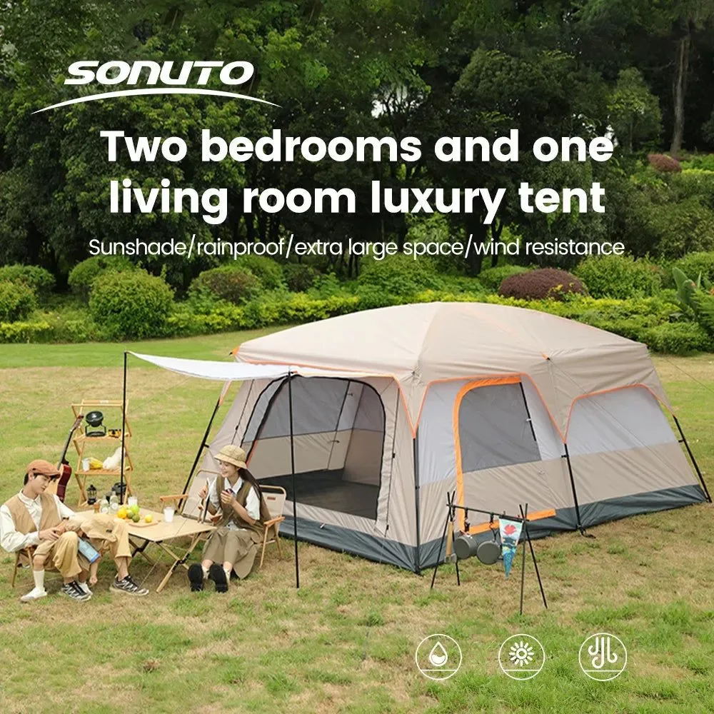 Easy-to-Use Sonuto Family Camping Tent – 3-12 Person Double-Layer 2-Room Waterproof 3000mm 3 Size Options Traditional