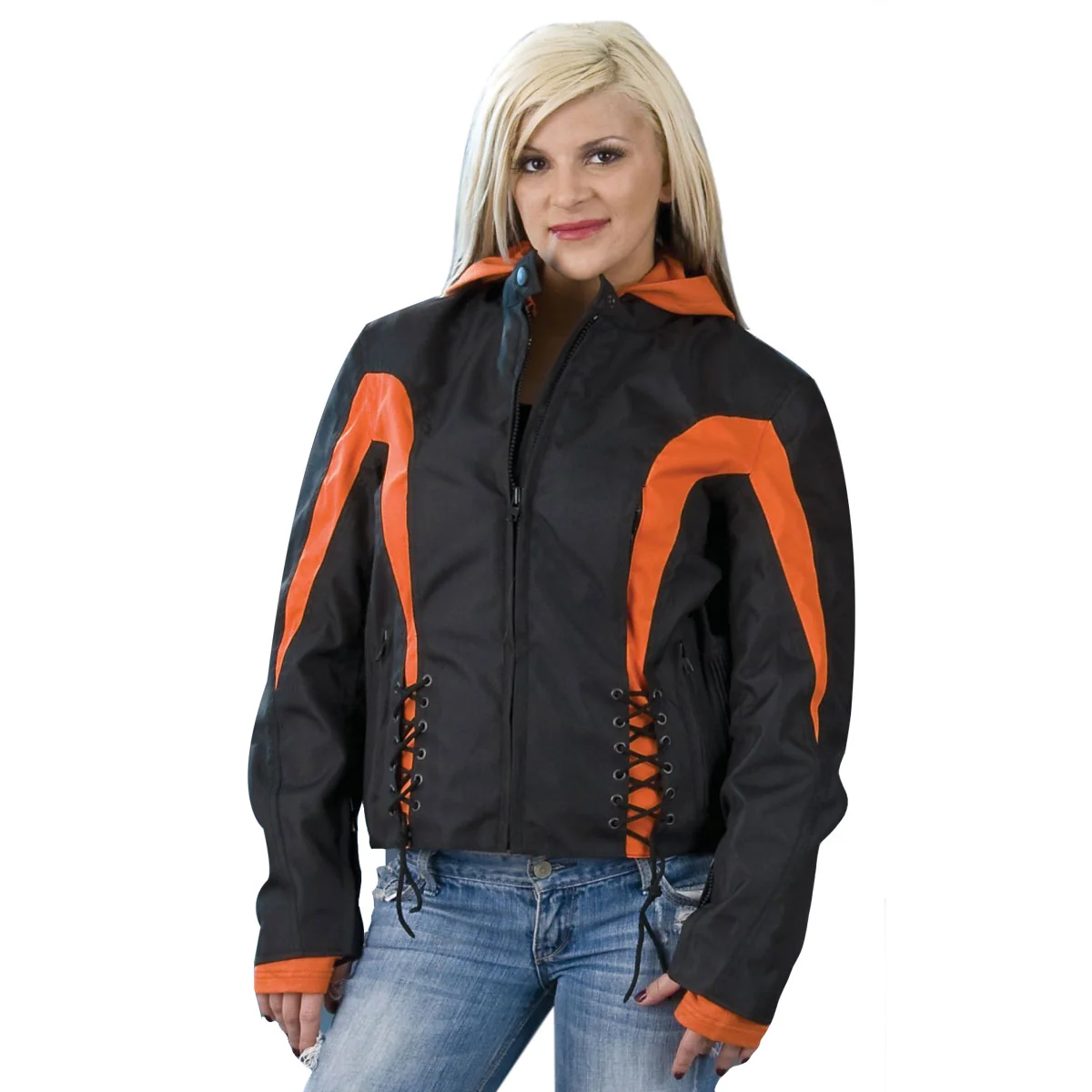 Sophisticated NexGen SH2039 Women’s Black and Orange Textile Racer Jacket with Fleece Hoodie Selected