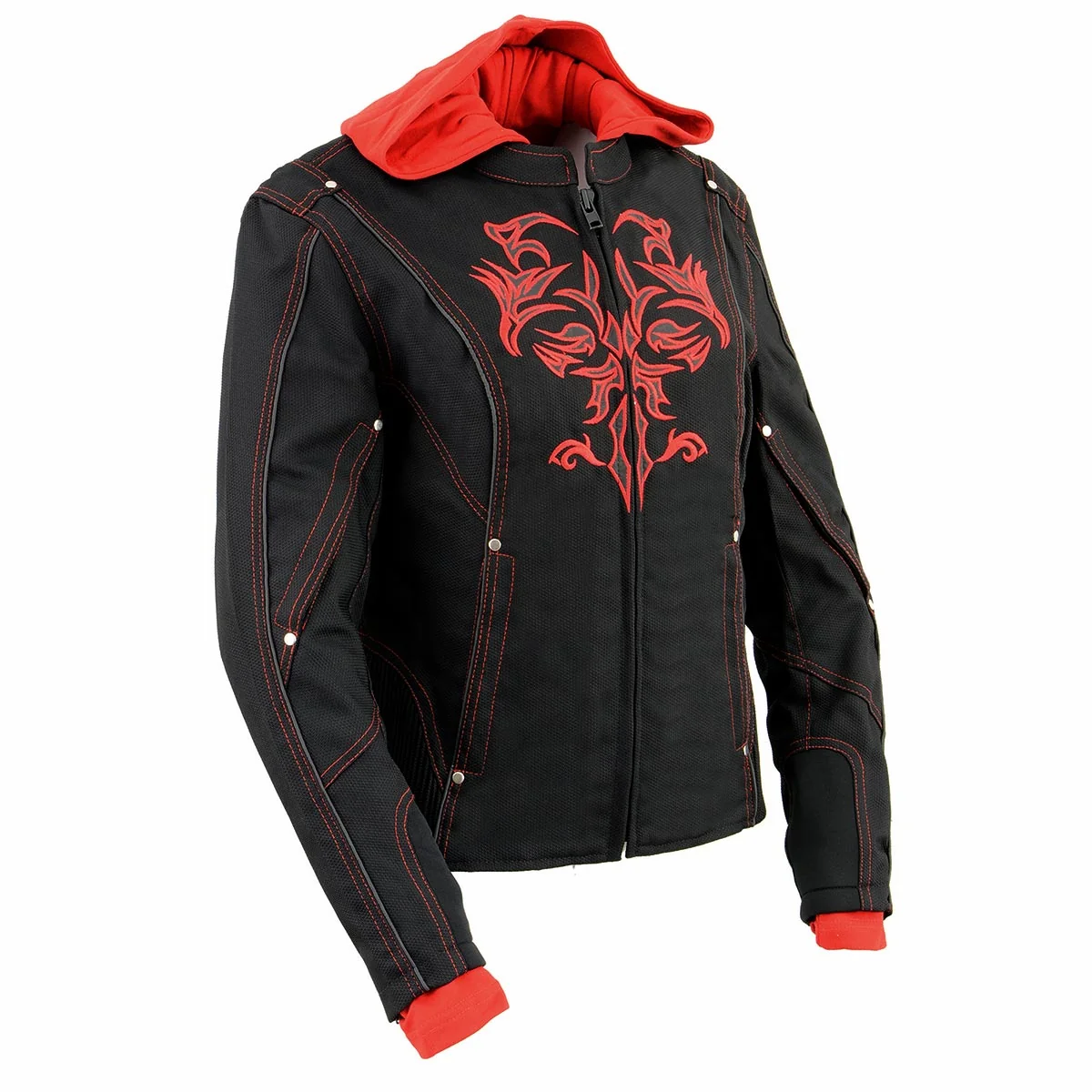 Next-Generation NexGen SH1939 Women’s ‘Reflective Tribal’ Red and Black 3 4 Textile Vented Jacket Smooth