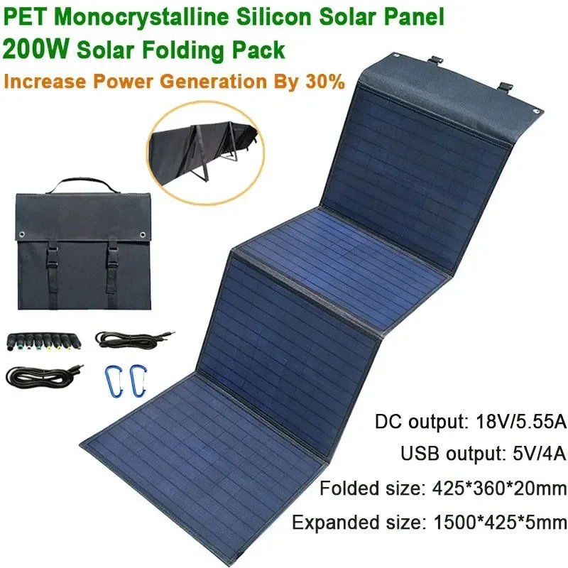 Crafted 200W Solar Panel Folding Bag with Bracket – USB and DC Output Portable Charger for Outdoor Travel and Hiking Professional