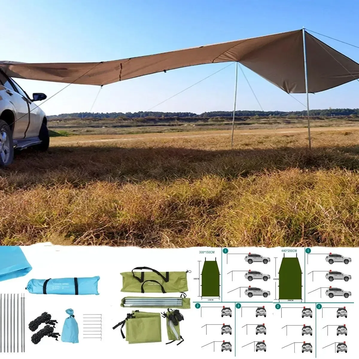 Premium Portable Car Shelter Shade – Camping Side Car Roof Top Tent Anti-UV Sunshade Waterproof Awning Parasol Rain Canopy for SUV Jeep Verified