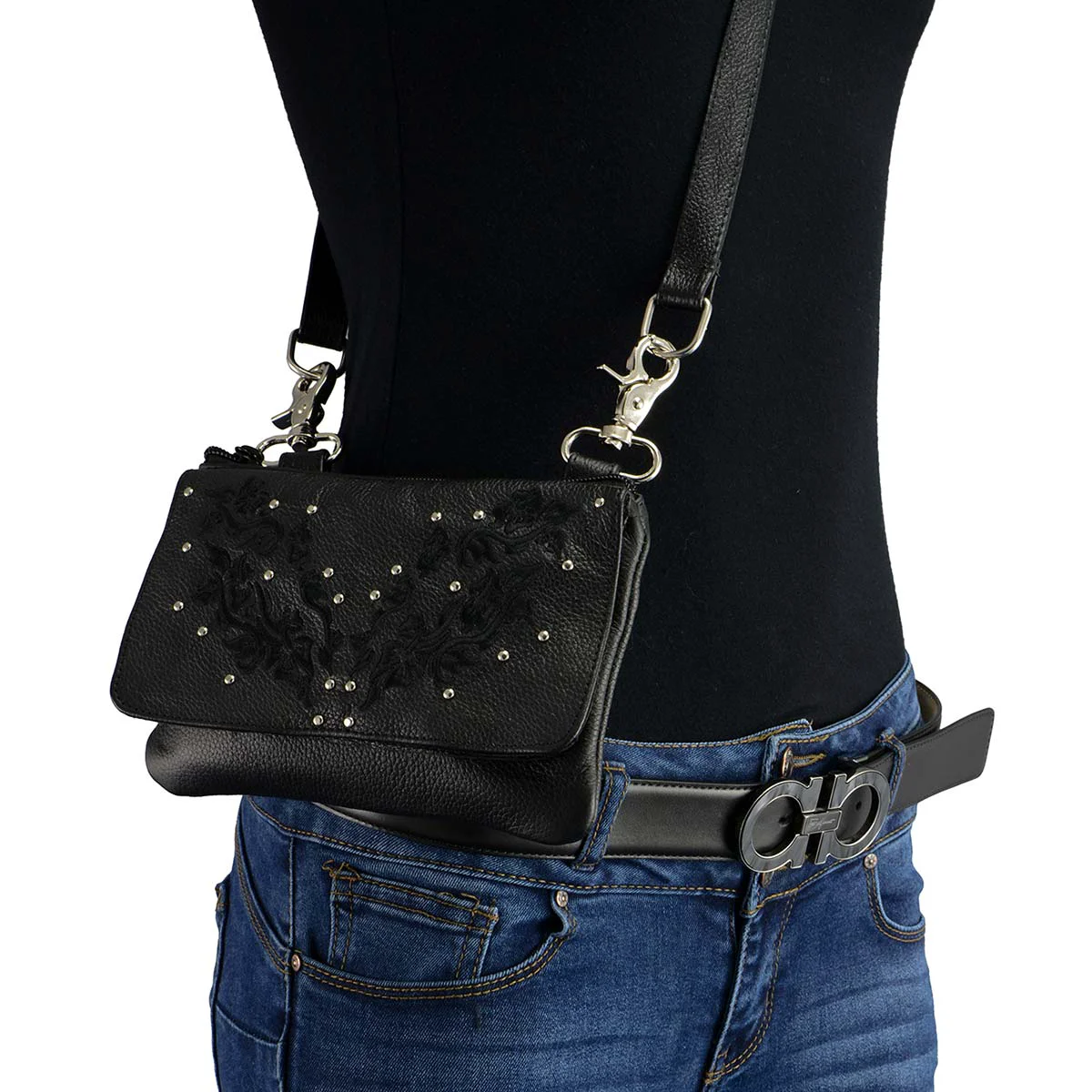 Fast Milwaukee Leather MP8853 Women’s ‘Flower’ Black Leather Multi Pocket Belt Bag Lightweight