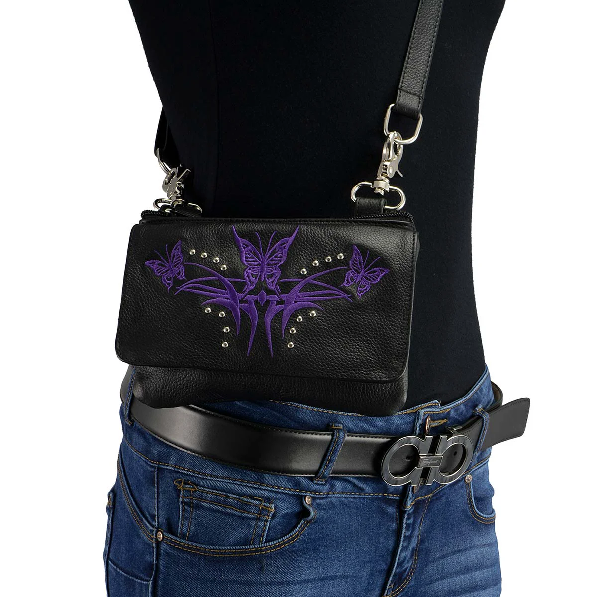 Professional Milwaukee Leather MP8851 Women’s Black and Purple Leather Multi Pocket Belt Bag Contemporary