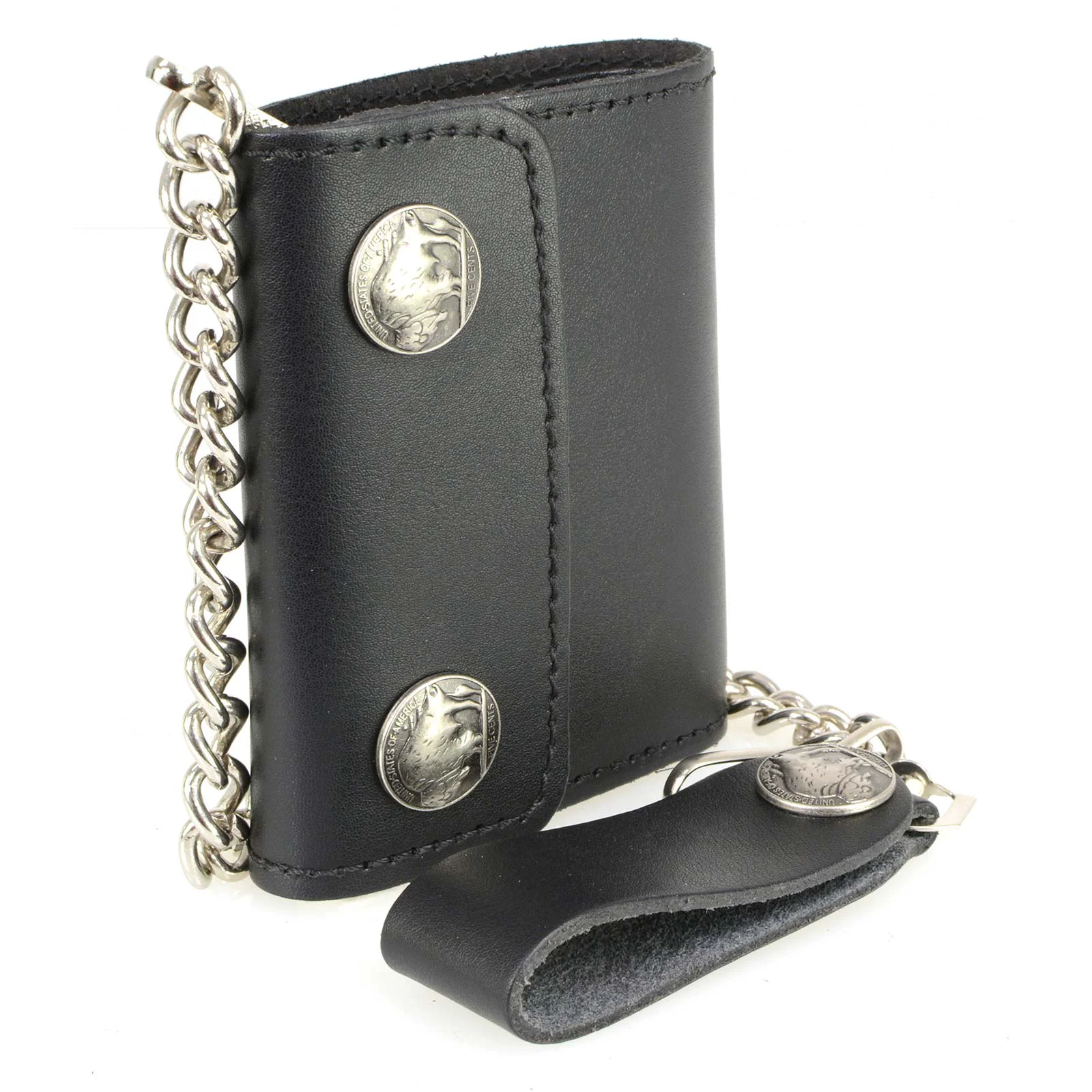 Proven Milwaukee Leather MLW7821 Men’s 4 Leather Biker Tri-Fold Wallet w Buffalo Nickel Snaps Wallet w Anti-Theft Stainless Steel Chain Reusable