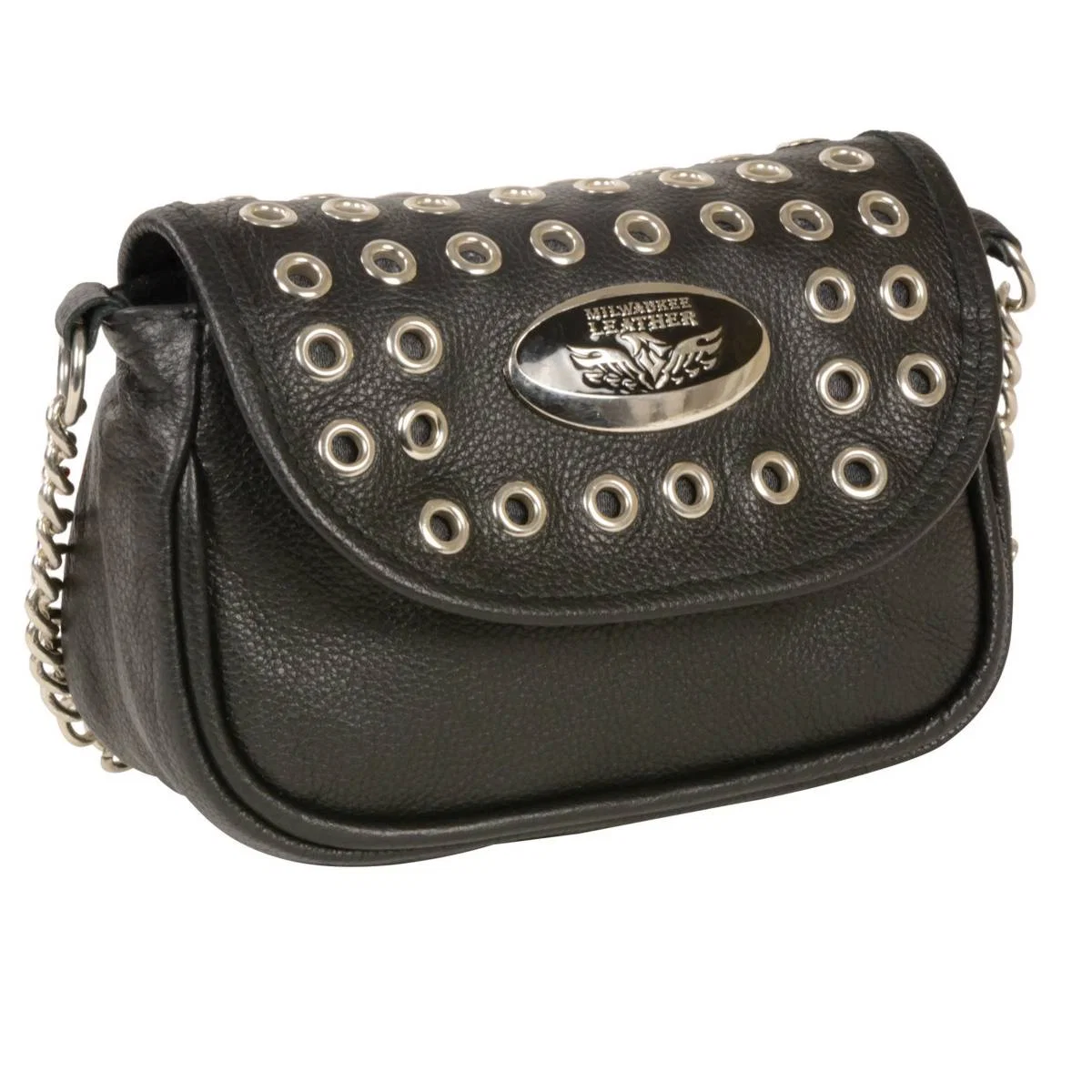 Pure Milwaukee Leather MP8830 Ladies Black Leather Chain Strap Shoulder Bag Official