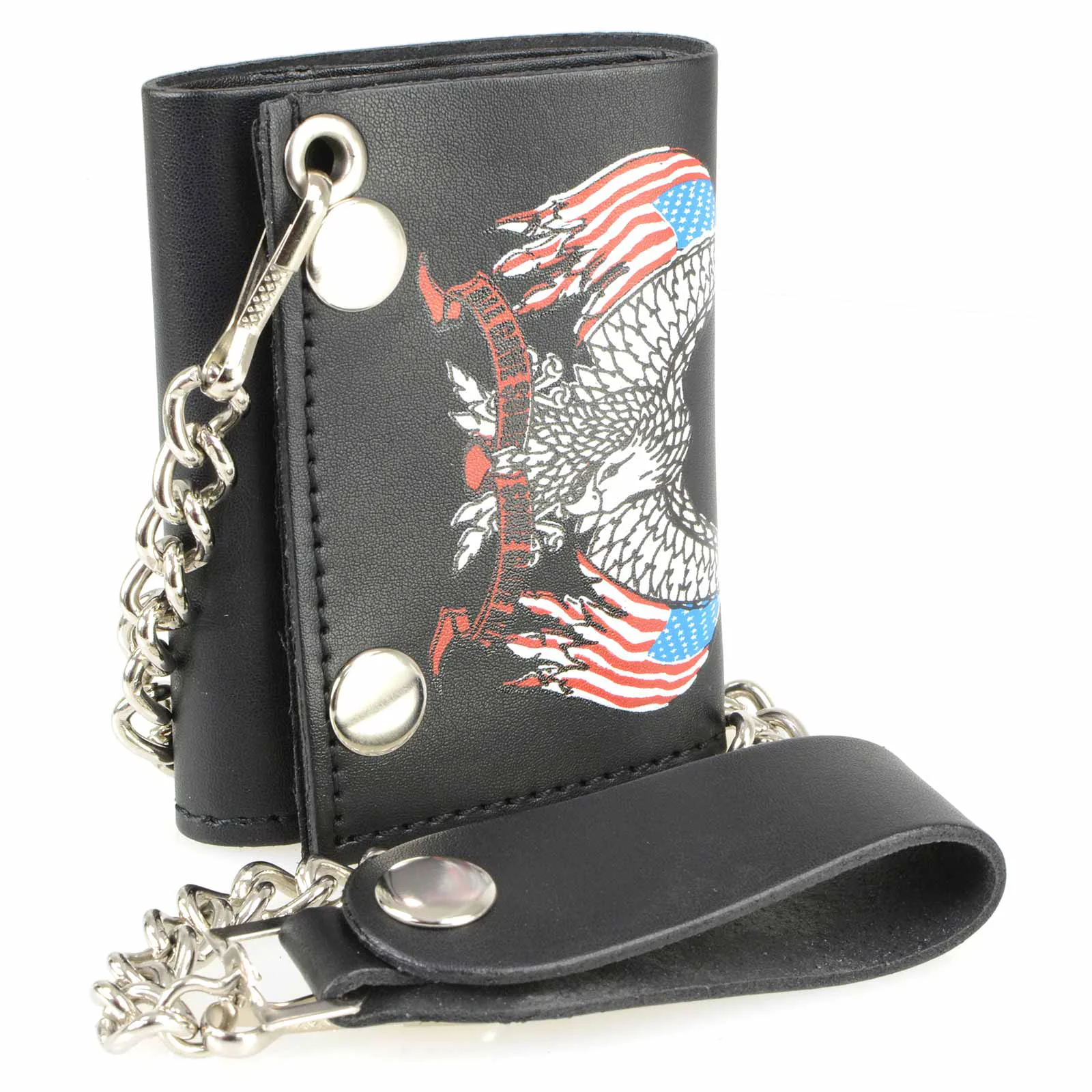 Lightweight Milwaukee Leather MLW7837 Men’s 4 Leather Eagle w Flag Tri-Fold Wallet w Anti-Theft Stainless Steel Chain Classic