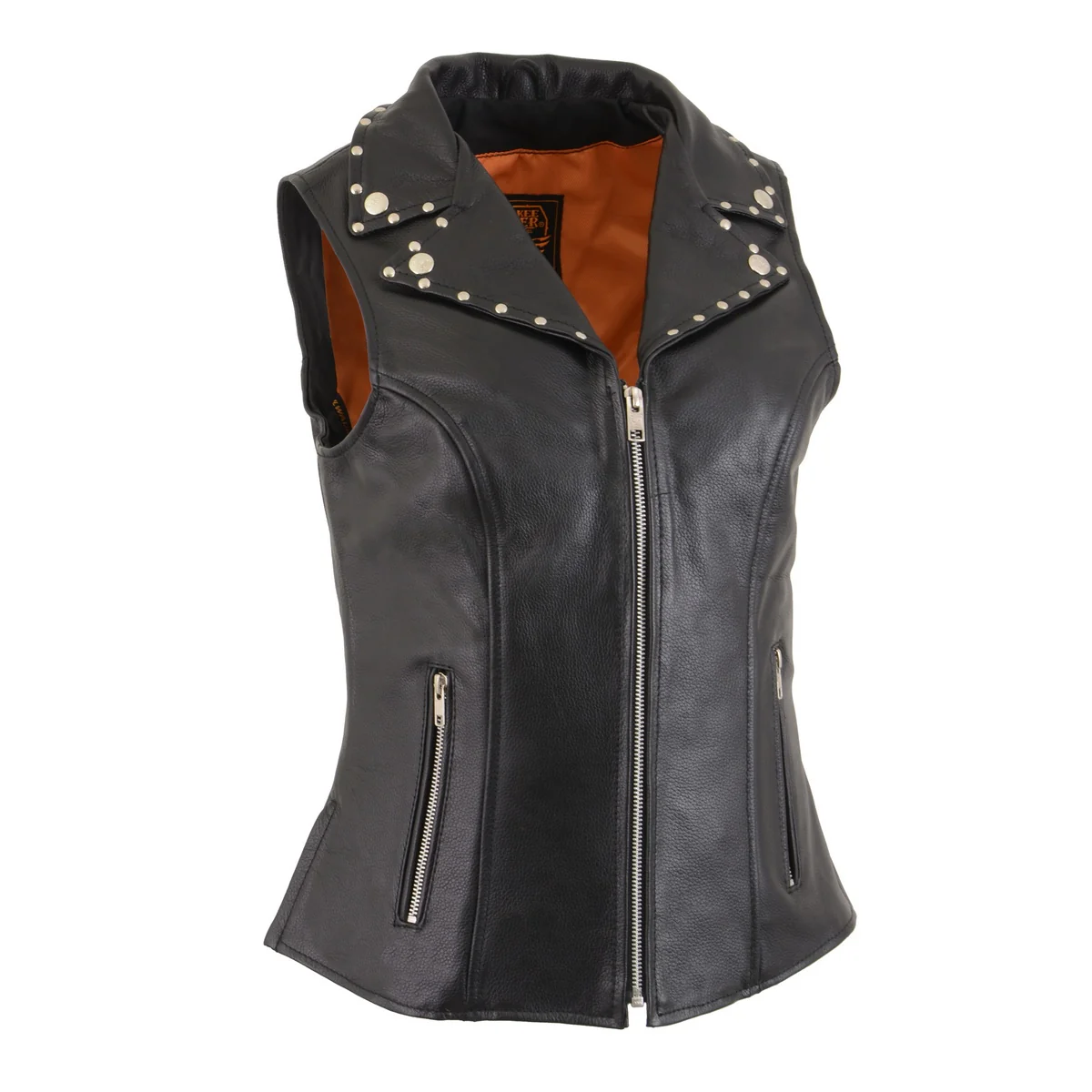 Secure Milwaukee Leather MLL4503 Women’s Black V-Neck Leather Classic Motorcycle Rider Vest w Riveted Lapel Collar Contemporary