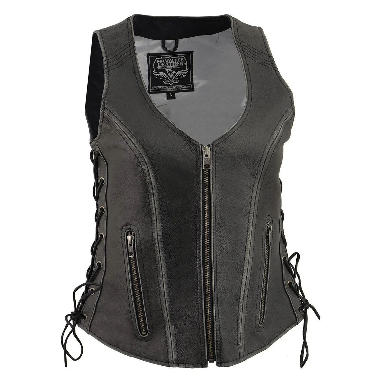 Contemporary Milwaukee Leather Women’s V-Neck Distress Grey Premium Leather Motorcycle Rider Vest w Side Laces MLL4531 High-Quality
