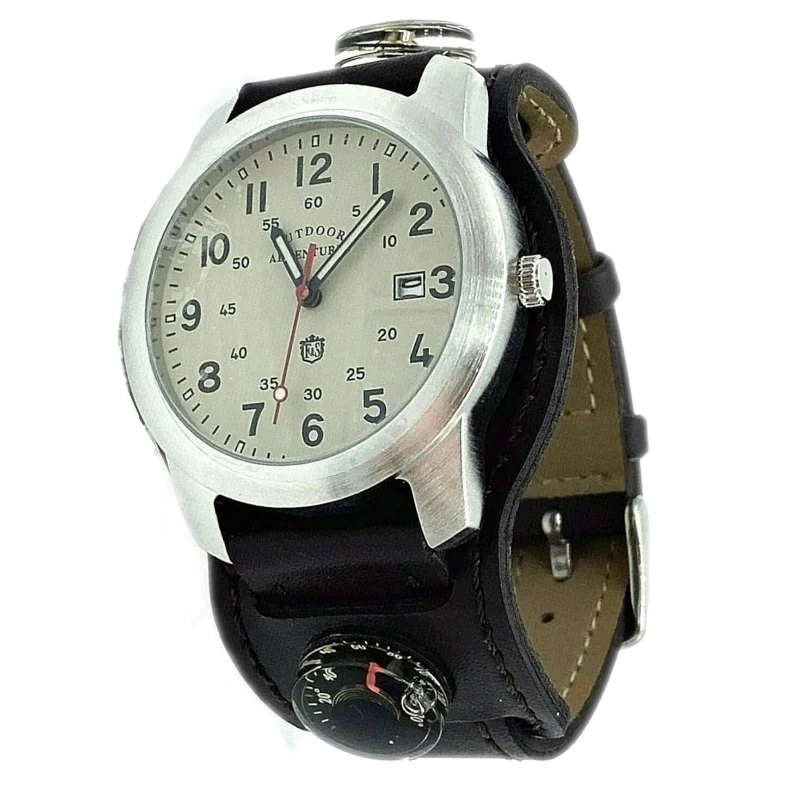 Unique Outdoor Adventure Watch with Leather Strap and Compass Traditional