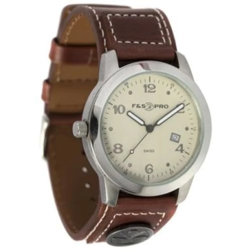 Efficient F S Pro Men’s Stainless Steel Watch with Brown Leather Band Genuine