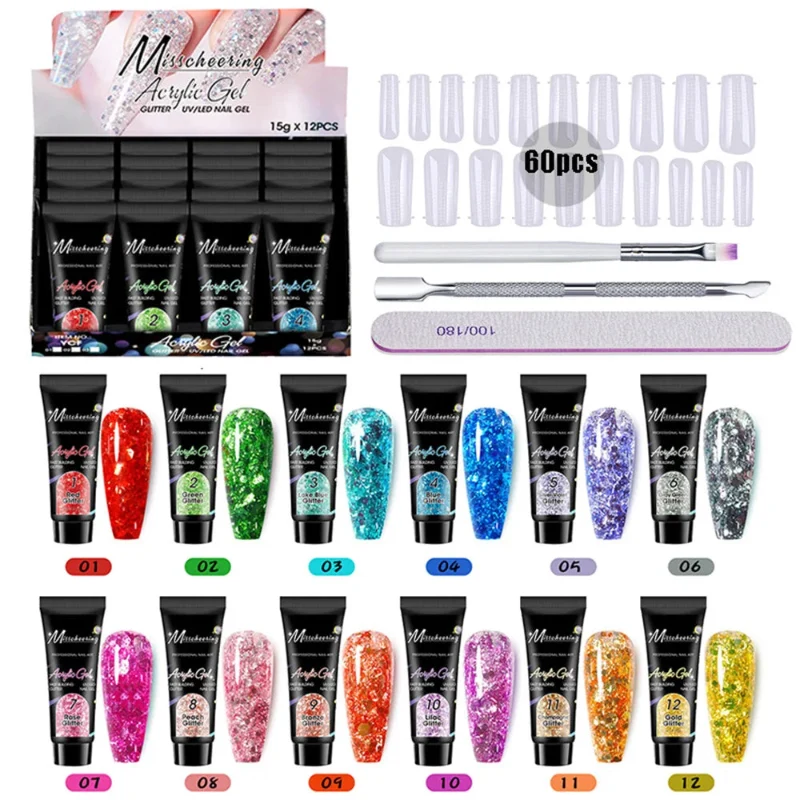 Detailed Misscheering Acrylic Gel Glitter Nail Kit 15g x 12PCS – UV LED Ready Traditional