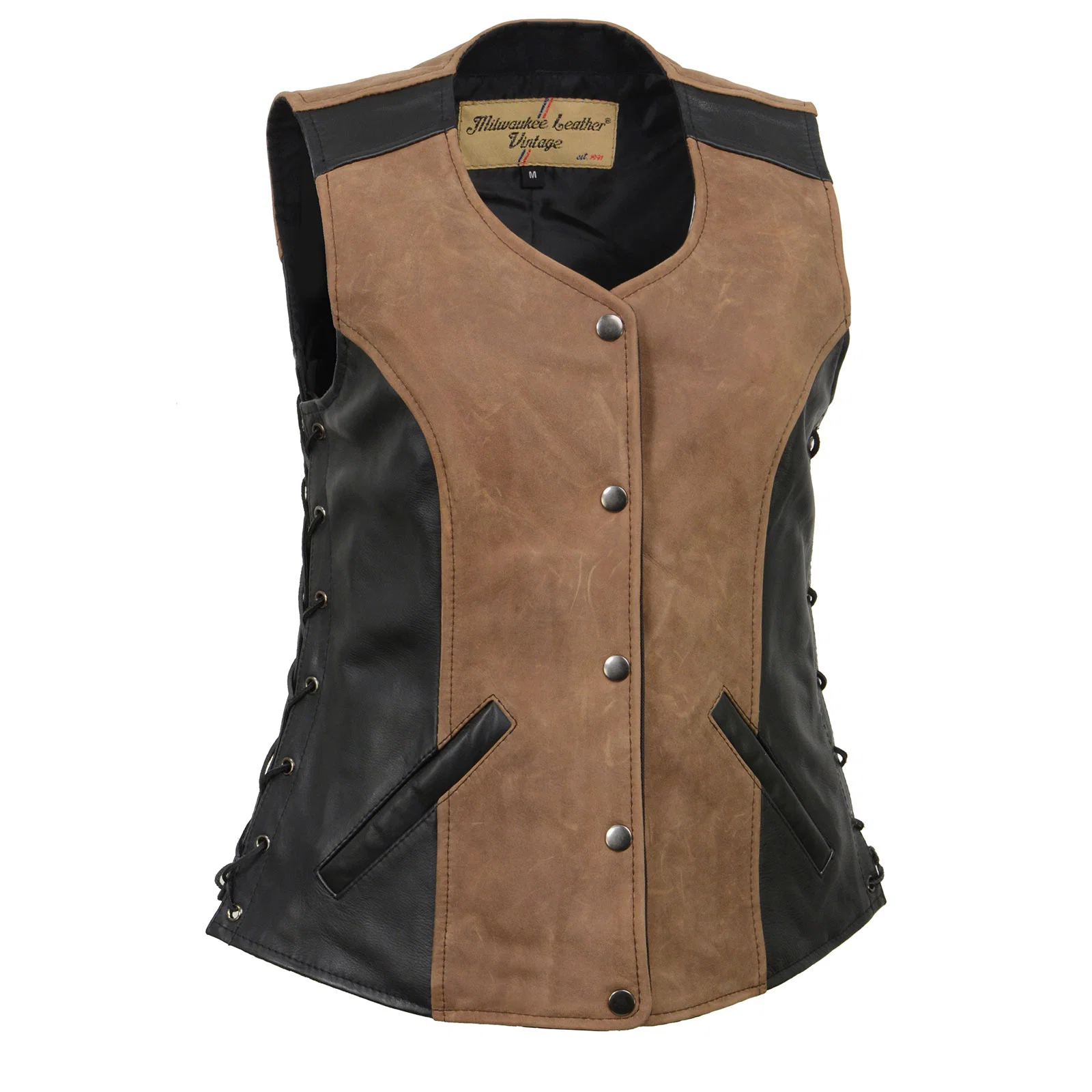 Pure Milwaukee Leather MLL4508 Women’s ‘Trickster’ Vintage Two Tone Crazy Horse Brown and Black Leather Club Style Motorcycle Vest Professional