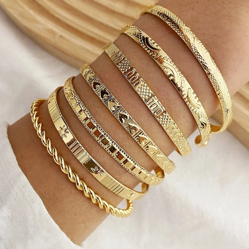 Crafted Gold-Tone Engraved Bangle Bracelet Set – Multi-Design Cuff Stack Efficient