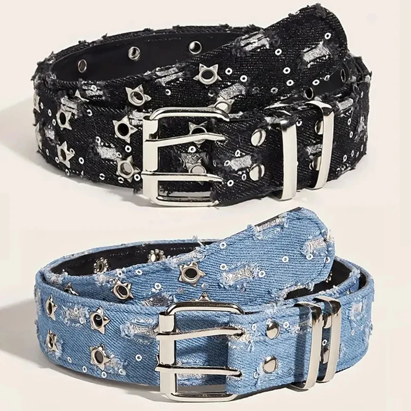 Contemporary Studded Denim Belt Set with Silver Buckles – Stylish and Durable Fashion Accessory Quality