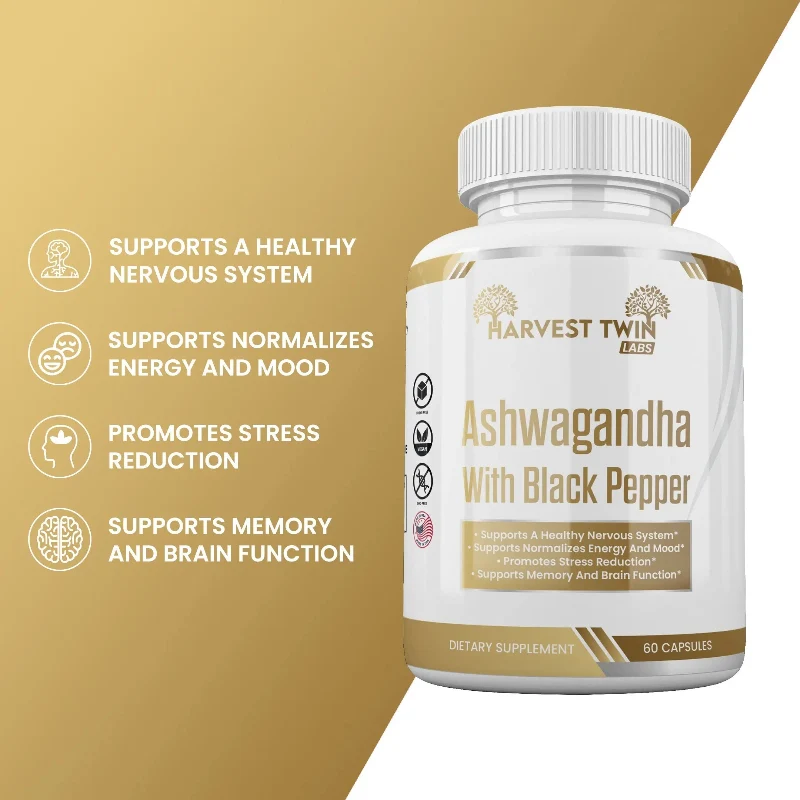 Premium Material Harvest Twin Labs Ashwagandha Supplement for Stress Relief with Black Pepper 1300mg – 60 Capsules Proven