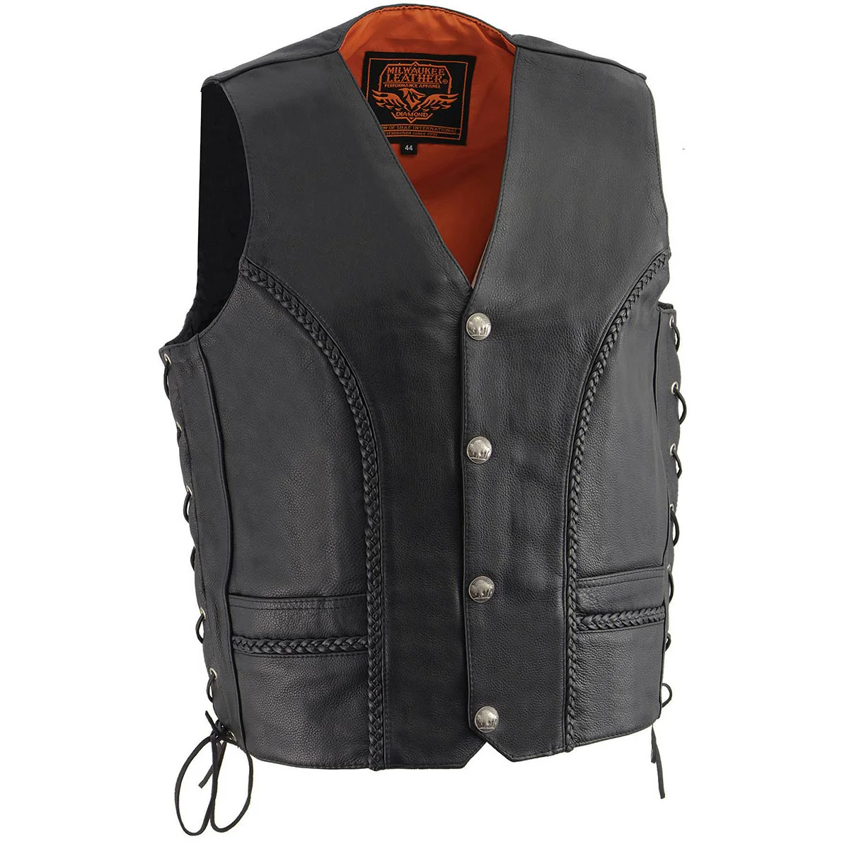 Modern Milwaukee Leather ML1359 Men’s Black Premium Leather Side Lace Motorcycle Rider Vest w Buffalo Nickel Snaps Closure Exceptional