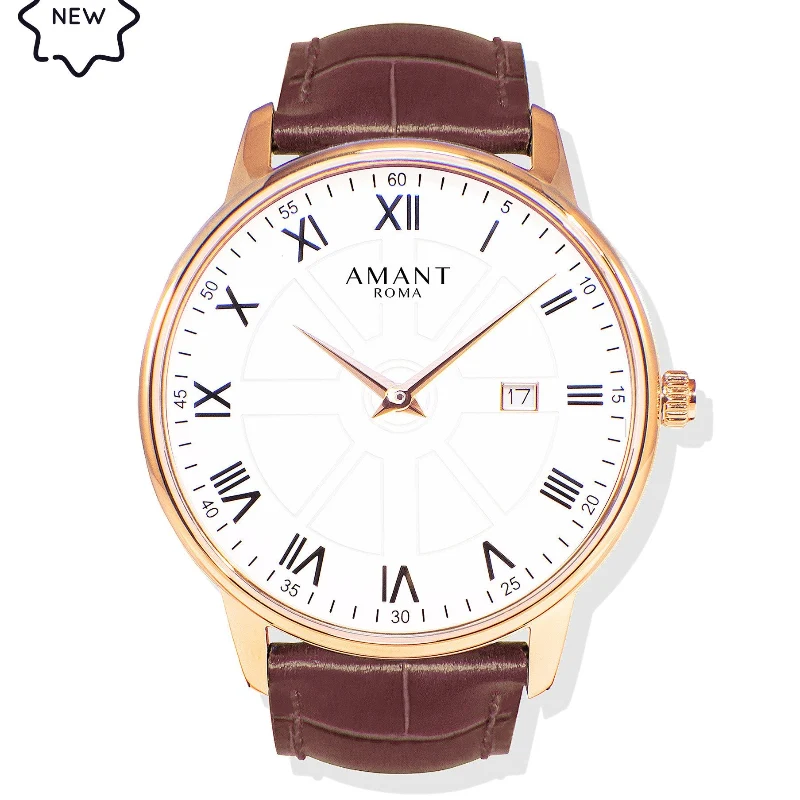 Efficient AMANT ROMA Classic Roman Numeral Dial Leather Strap Watch High-Performance