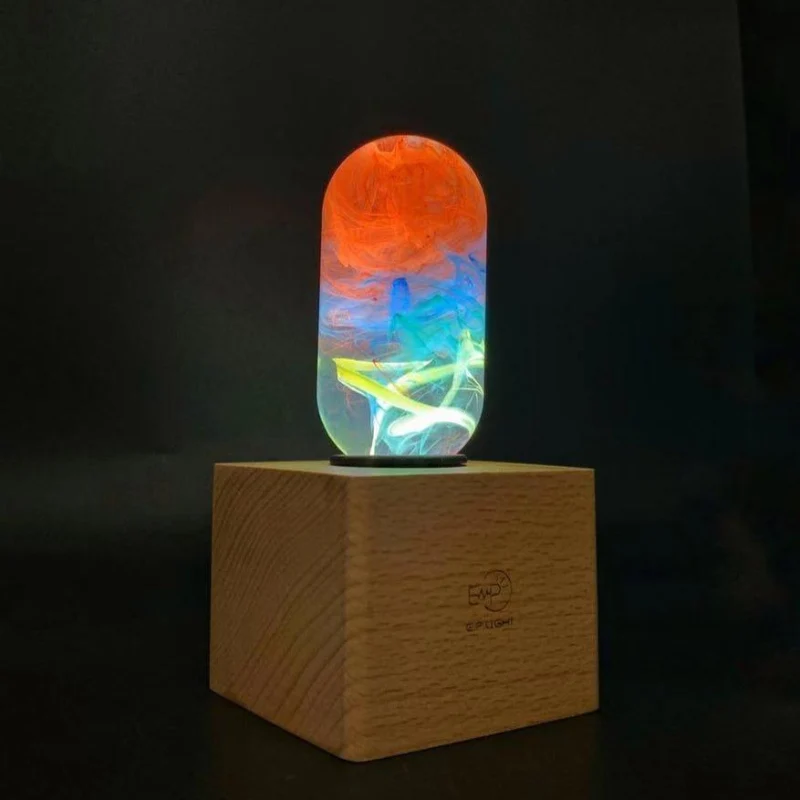 Pure C.P.LIGHT Multicolor Glass Accent Lamp with Wooden Cube Base Expertly Made