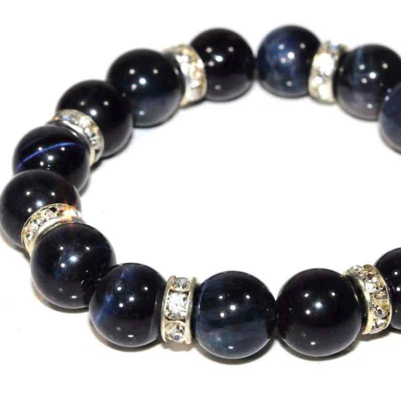 Clean Gemstone Beaded Bracelet – Black Agate with Silver Crystal Spacers Smart