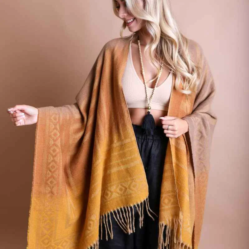 Unique Boho Gradient Shawl Poncho Fringe Hem Warm Wrap Cardigan Versatile
