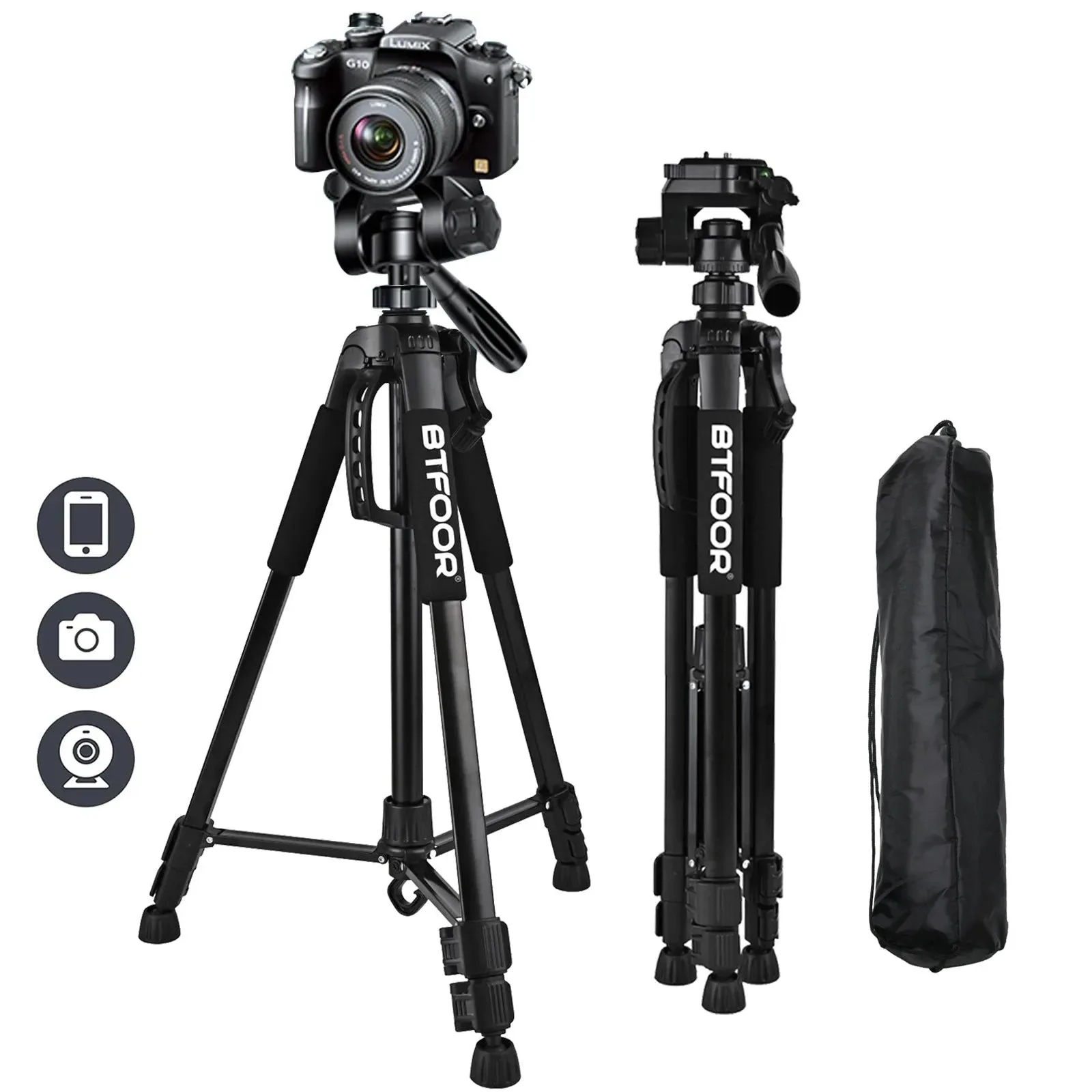 High-Quality 55 Aluminum Camera Tripod with Phone Mount – 140CM Tall Stand w Pan Head for DSLR Smartphone Pure