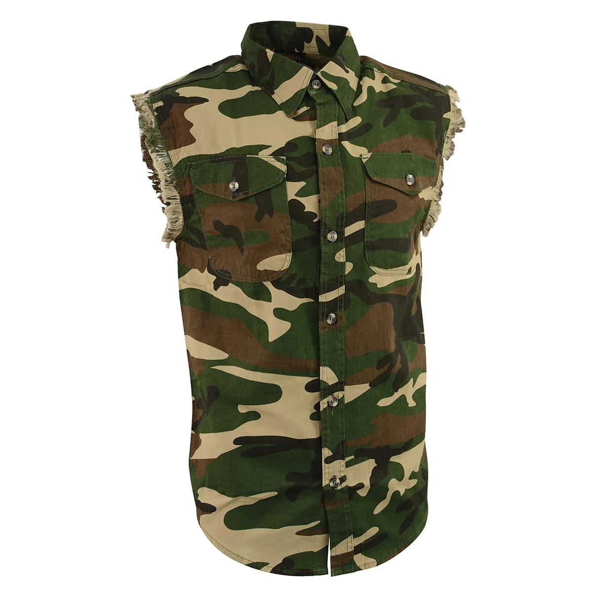 Certified Milwaukee Leather DM4010 Men’s Camo Lightweight Denim Shirt with Vintage and Frayed Sleeveless Look Quality