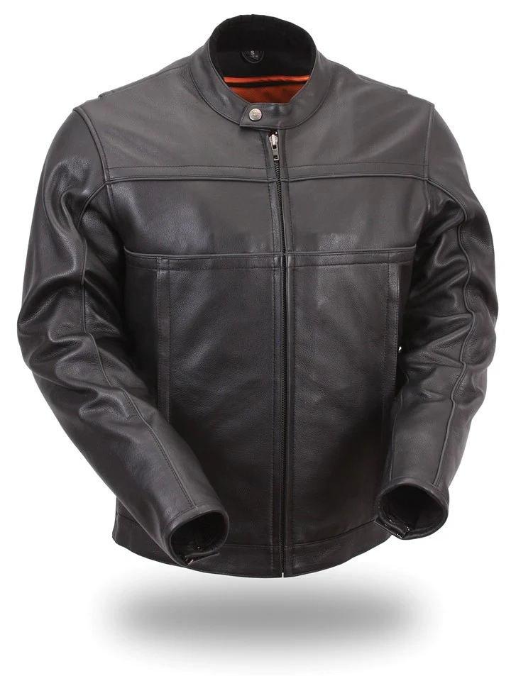 Dependable First Manufacturing FIM260NOCZ Men’s Black Leather Scooter Jacket with Reflective Piping Premium Material