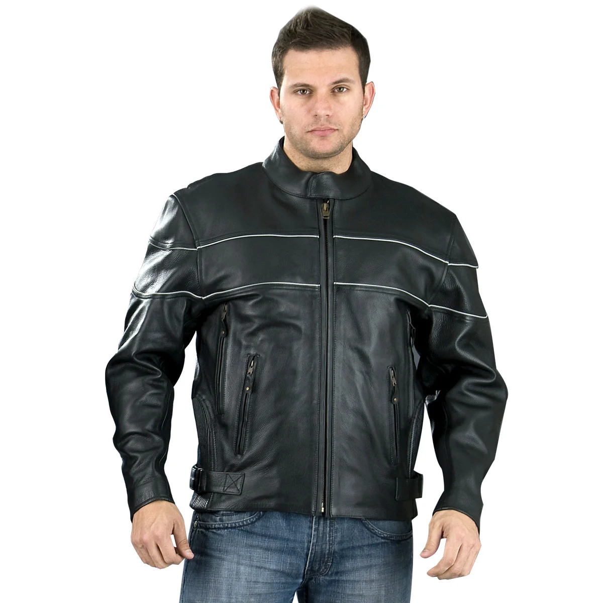 Trendy Leather EL2121 Men’s Black Side Stretch Jacket with Reflective Piping Secure