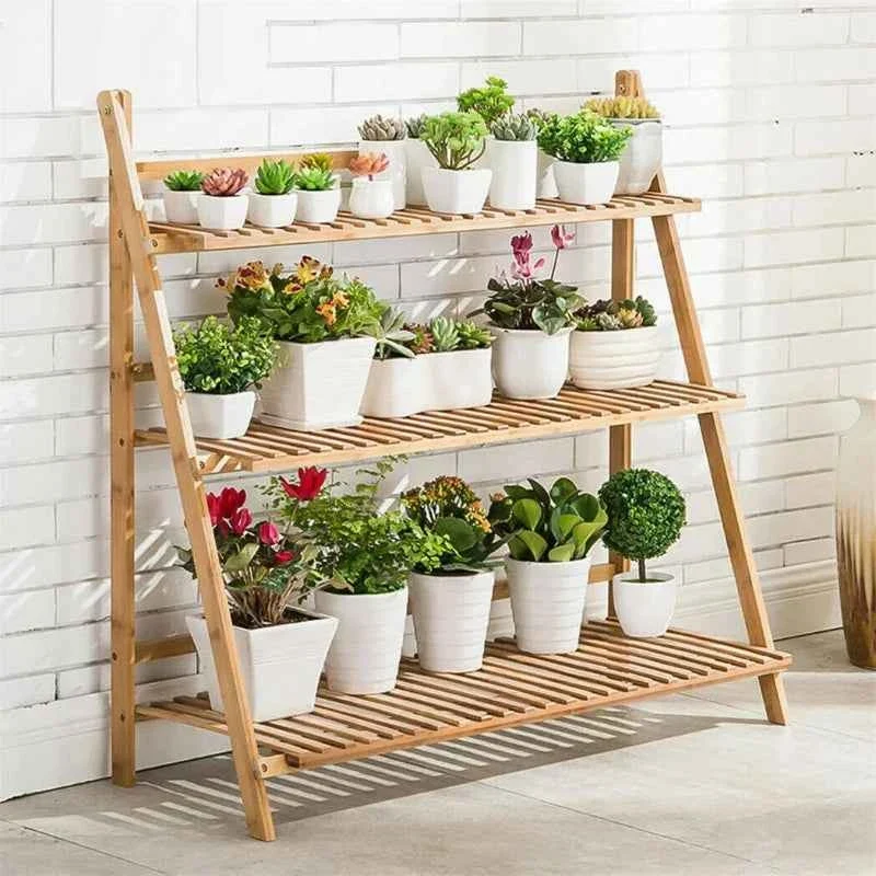Refined 3-Tier Ladder Plant Stand – Natural Wood-Tone Slatted Flower Pot Display Rack Clean