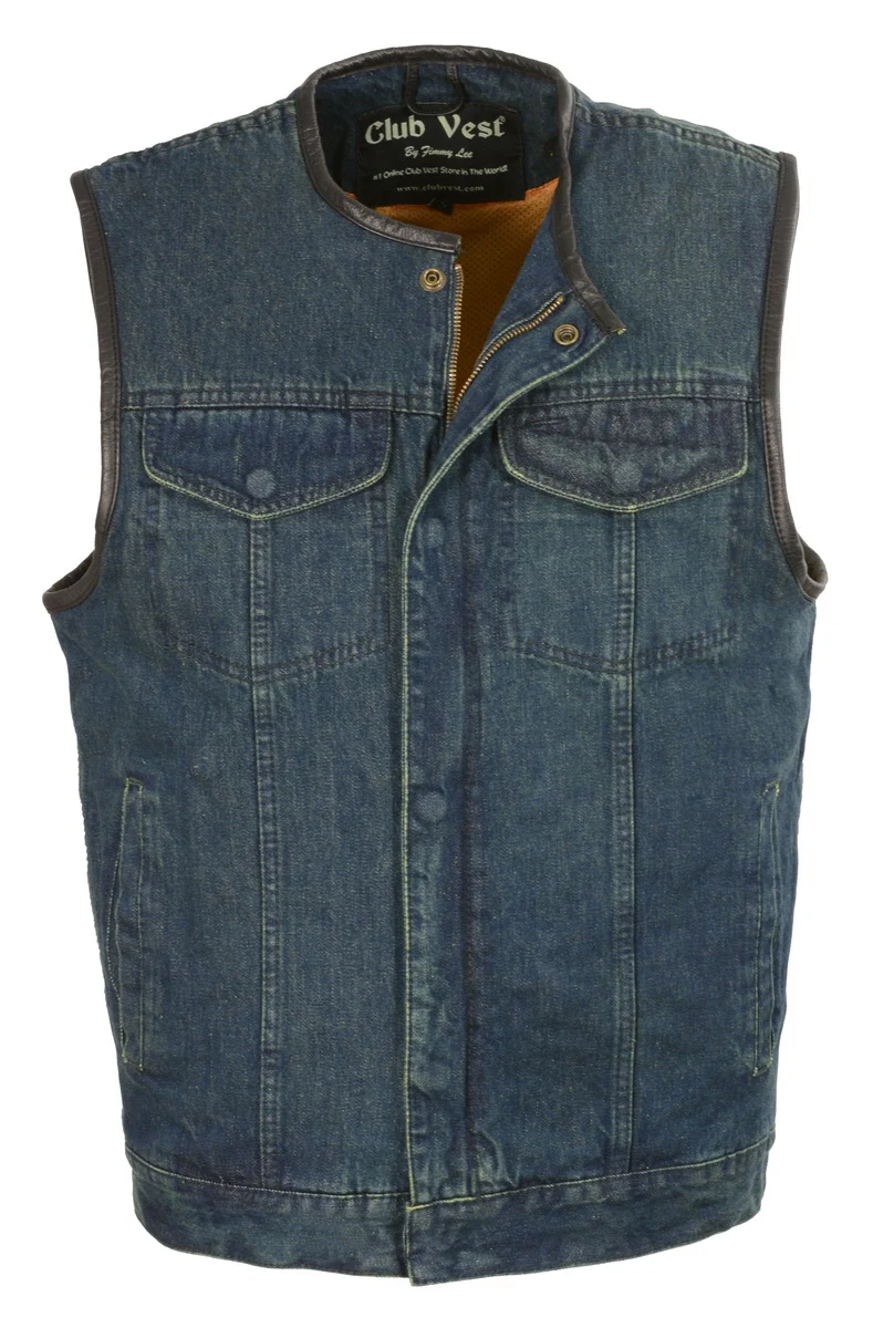 Original Club Vest CV3004LT Men’s Blue Collarless Denim Vest with Concealed Snaps and Hidden Zipper Healthy