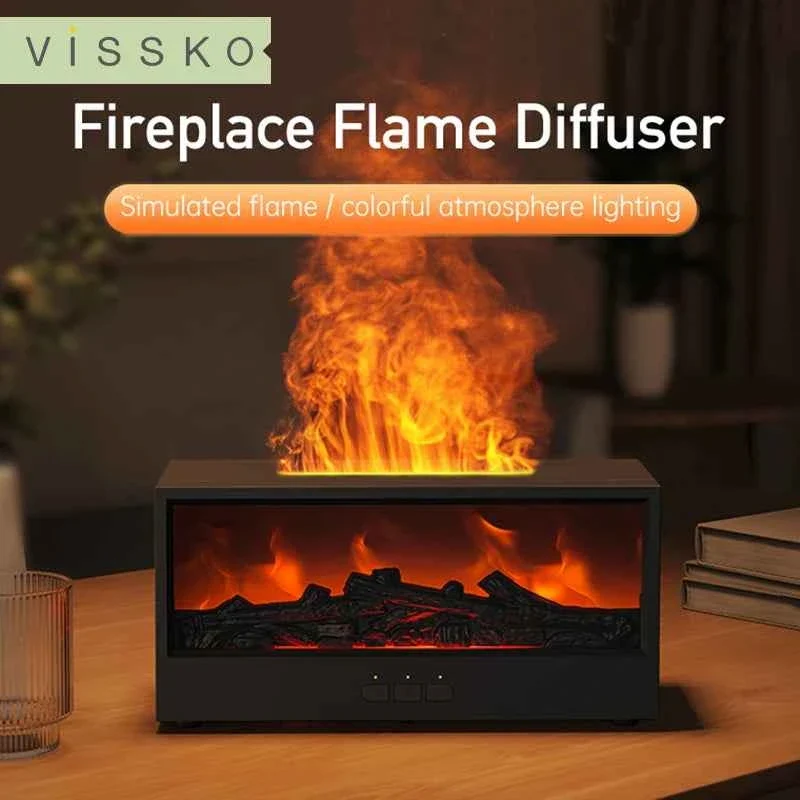 Natural VISSKO Creative Fireplace Air Humidifier with LED Flame Light Aroma Essential Oil Diffuser Remote Control Auto-Off Function Stylish