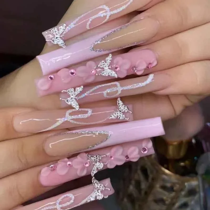 Healthy 24Pcs Ultra Long Coffin Press On Nails Set with French Gradient Design 3D Flower Butterfly Diamond Glossy Reusable Fake Nails Top-Quality