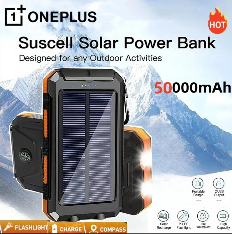 Professional 50000mAh Solar Power Bank – Portable Fast Charging External Battery with LED Flashlight Digital Display Refined
