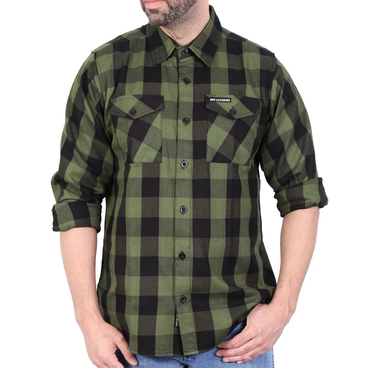 Natural Hot Leathers FLM2027 Men’s OD Green and Black Long Sleeve Flannel Shirt Smooth