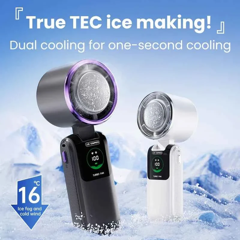 Organic 100-Speed Folding Handheld Cooling Fan with TEC Ice Cooling LED Display Neck-Hanging Design Safe
