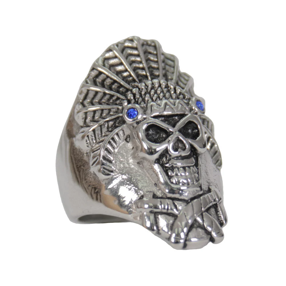 Clean Hot Leathers JWR2221 Men’s Silver ‘Blue Stone Indian Headdress’ Stainless Steel Ring Crafted