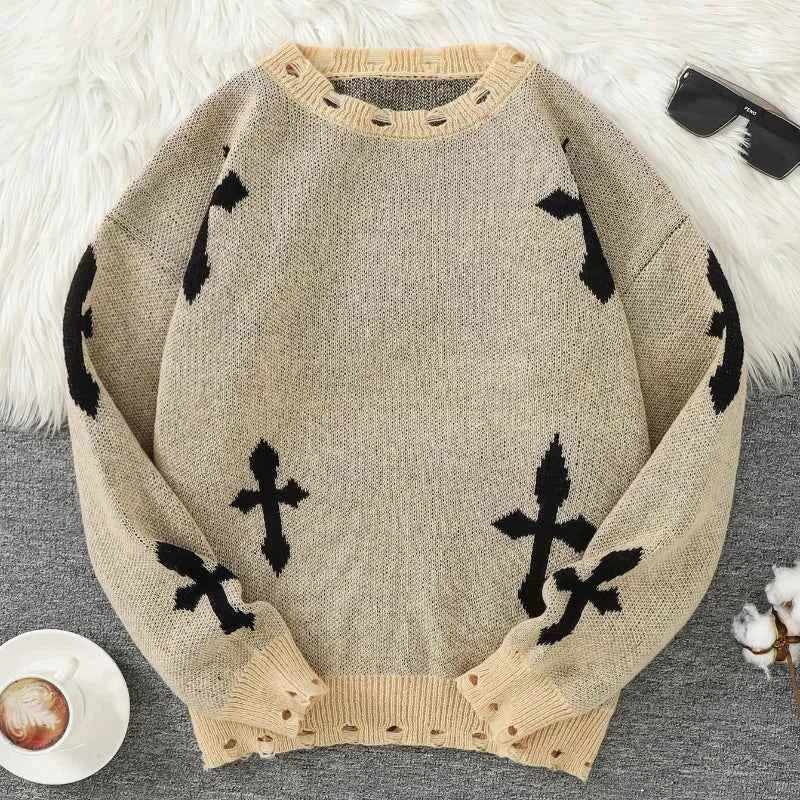 Consistent Trendy Distressed Cross Pattern Crew Neck Knit Pullover Sweater Superior