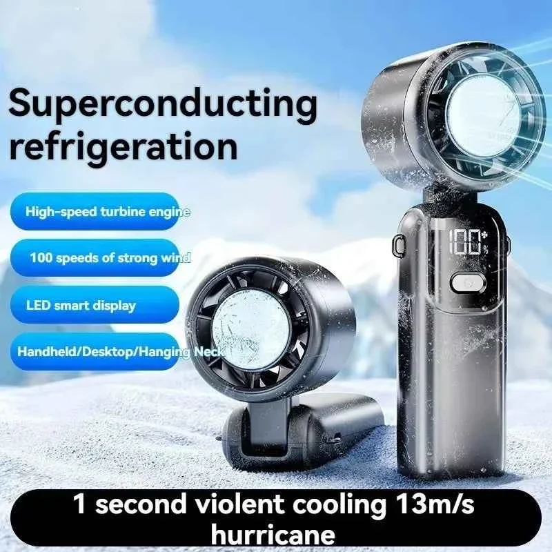 Easy-to-Use 100-Speed Handheld Cooling Fan with LED Display Folding Stand Neck-Hanging Design Reliable
