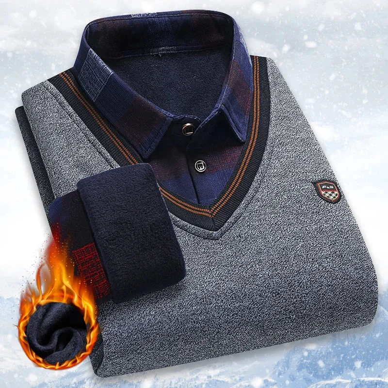 Clean Men’s Vintage Plaid Fleece Lined Polo Collar Pullover Sweater Winter Knitwear Convenient