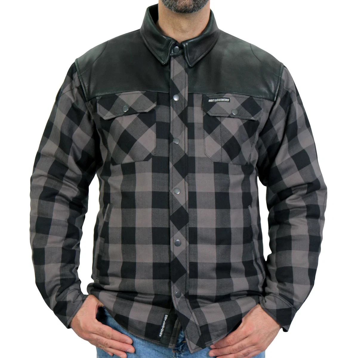 Fashionable Hot Leathers JKM3203 Men s CE Armored Flannel Motorcycle Shirt Jacket – Aramid Reinforced w Leather Shoulder Panels Traditional