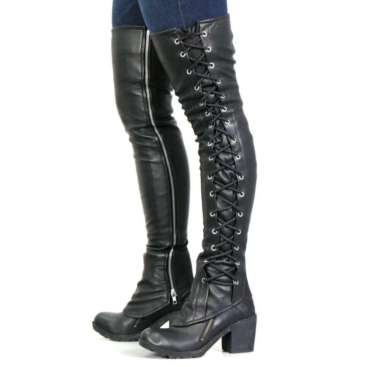 High-Grade Hot Leathers LCU1003 Ladies Black Lambskin Leather Leggings with Black Side Lace Sustainable