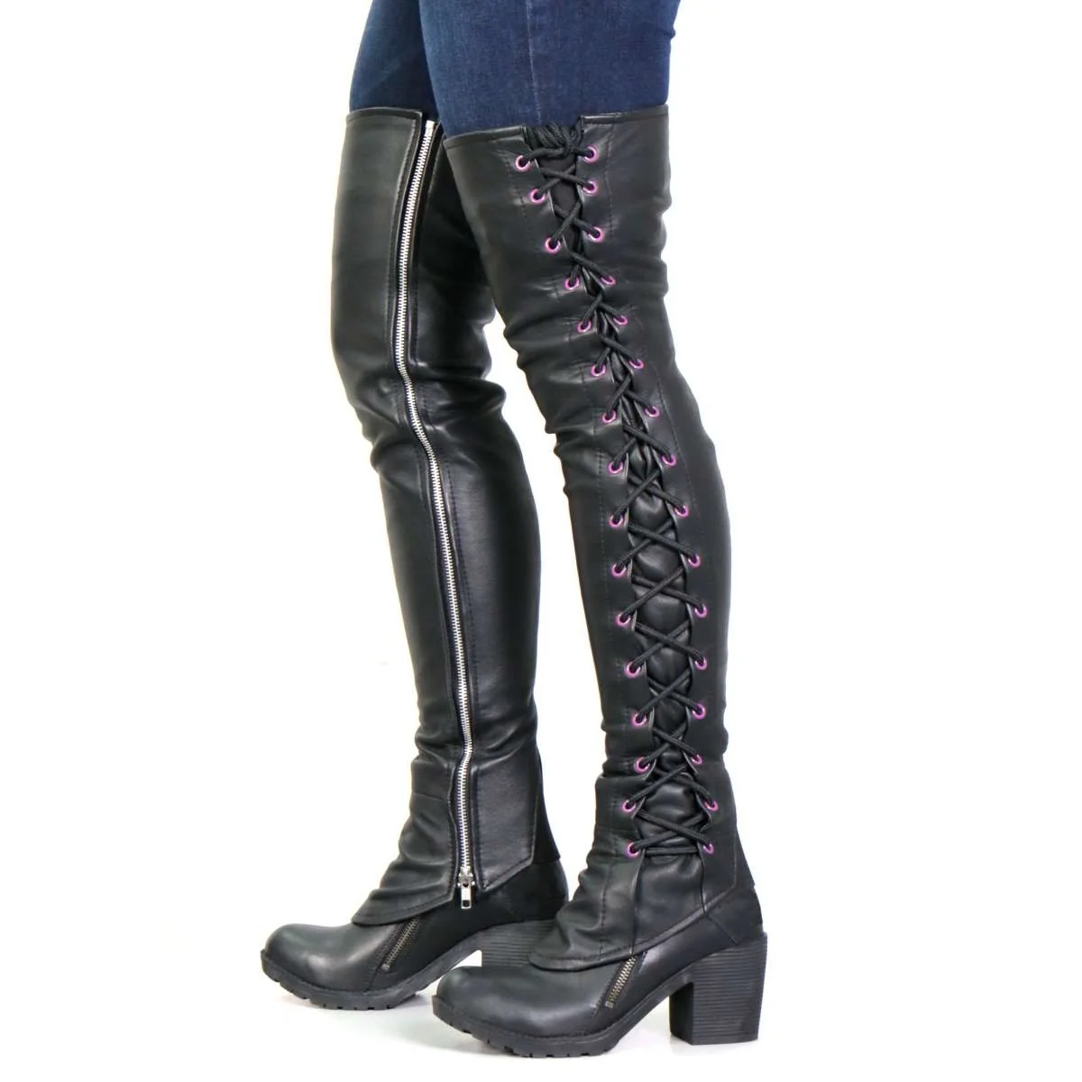 Enhanced Hot Leathers LCU1004 Ladies Black Lambskin Leather Leggings with Purple Side Lace High-Grade