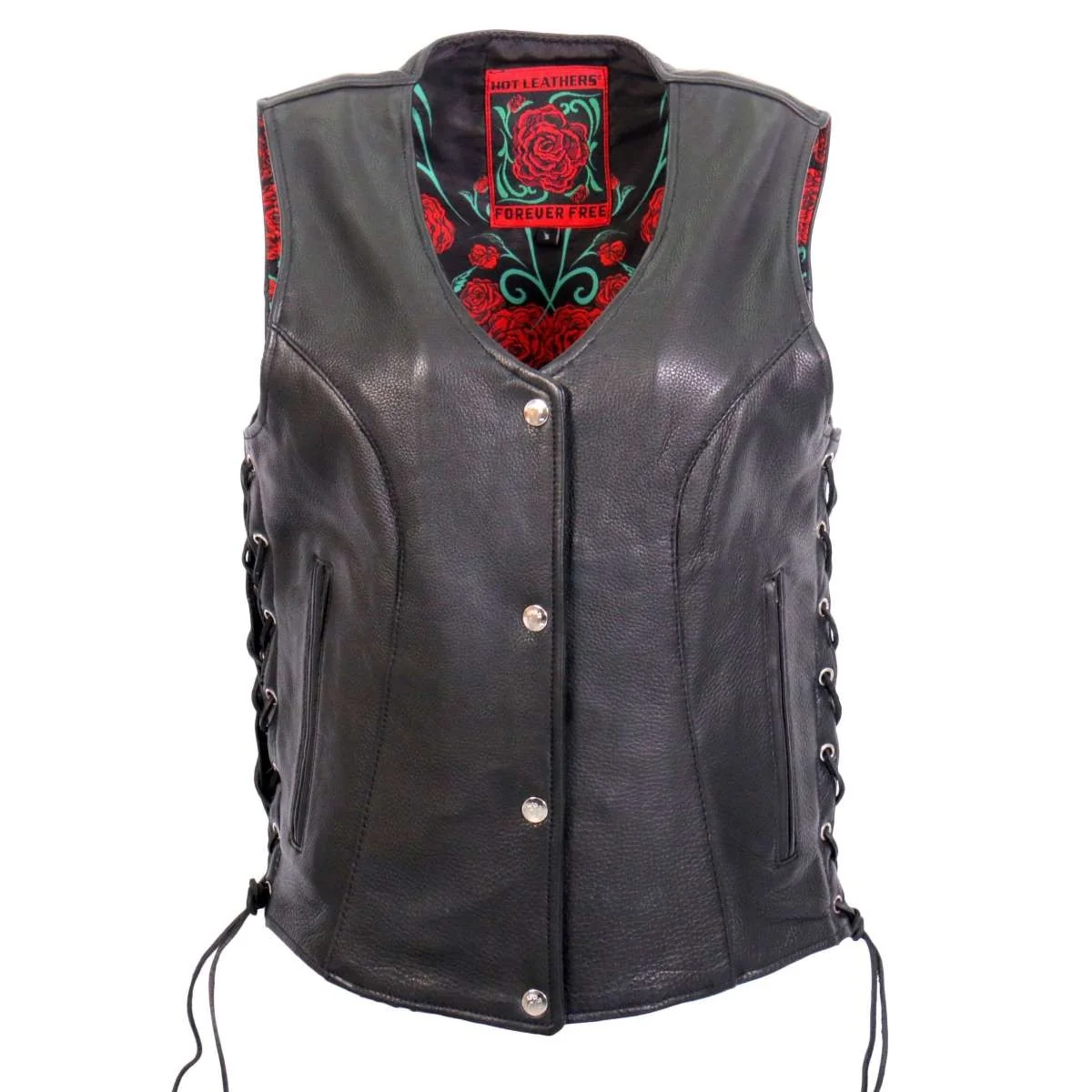 Relaxed Hot Leathers L1019 Ladies ‘Red Rose’ Lined Black Leather MC Vest Original Design