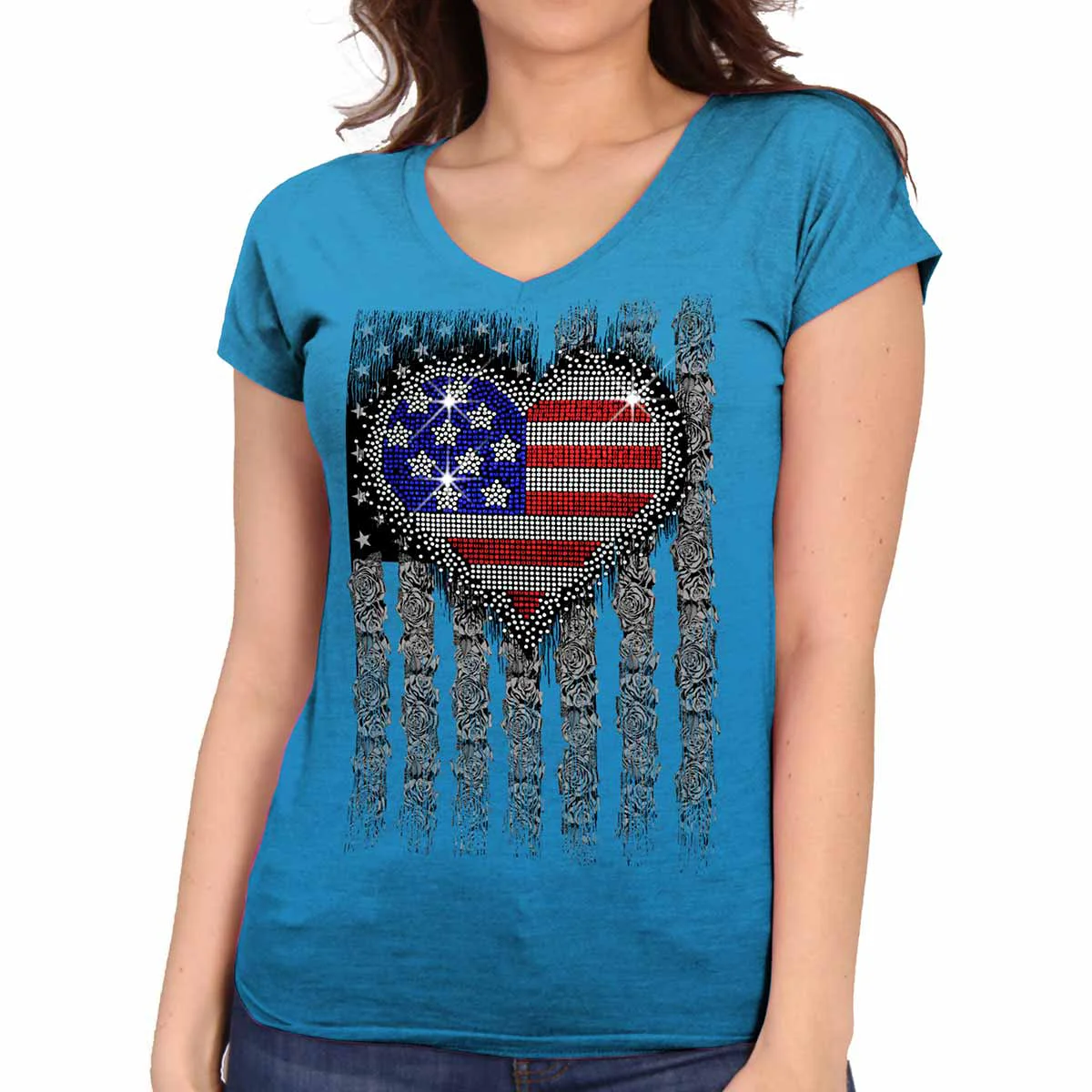 Sustainable Hot Leathers GLC1560 Ladies Sapphire Short Sleeve Heart Bling T-Shirt Eco-Friendly