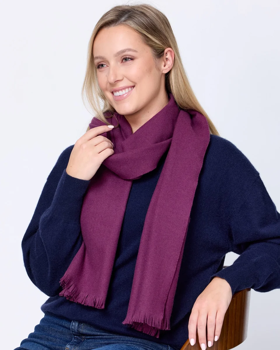 Elegant Foxford Solid Aubergine Fine Wool Cashmere Blend Scarf Enhanced