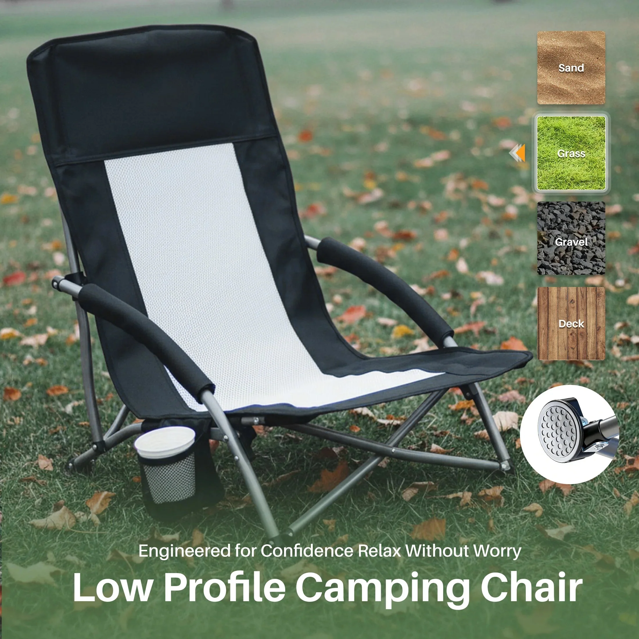 Stylish JHK Portable Low Folding Beach Chair – Mesh Back Padded Armrests Cup Holder Storage Pocket for Beach Camp Picnic Elegant